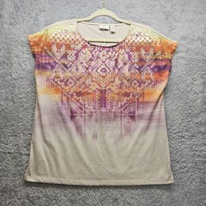 Chicos Womens Oatmeal Shirt Southwestern Colorful Aztec US Large Chicos 2